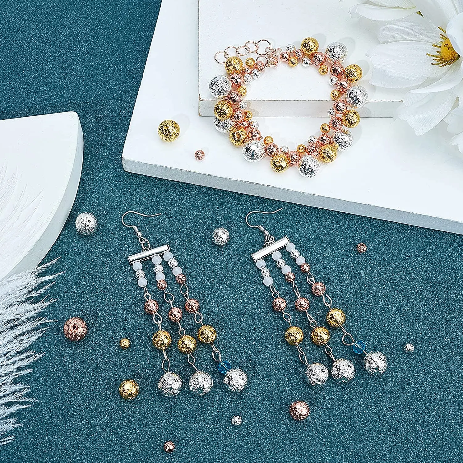 الحمم البركانية الطبيعية خزر عازل الذهب والفضة اللون البركاني الصخور الهيماتيت حجر فضفاض الخرز لصنع المجوهرات سوار DIY بها بنفسك اليدوية #3