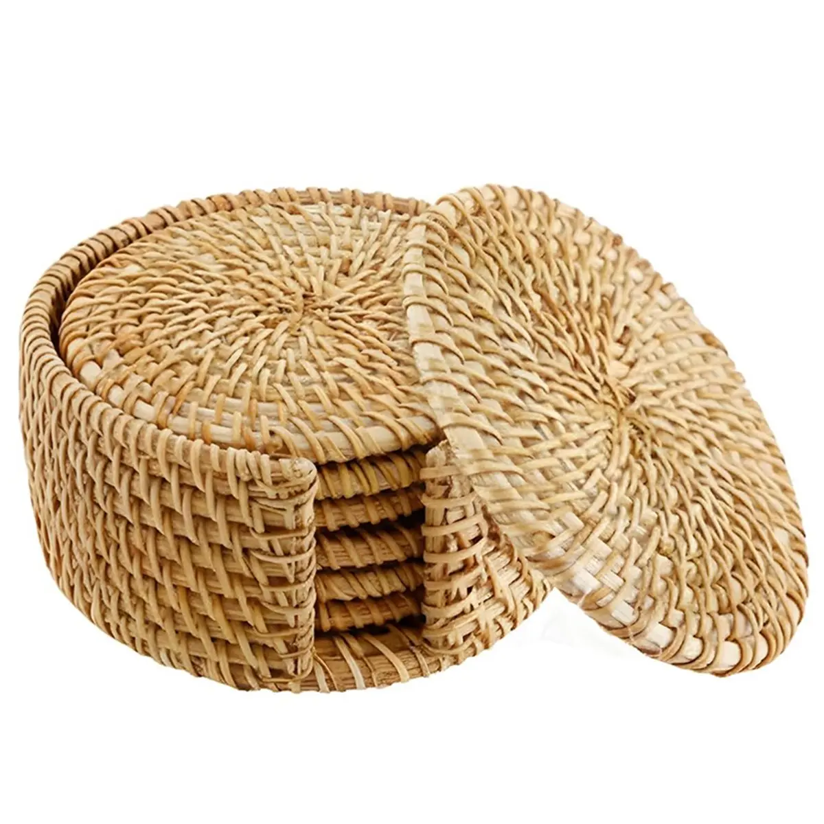 ABNH Handwoven Rattan Coasters for Drinks, Boho Wood Cup Coasters with Holder for Tabletop Protection, Vintage Coaster 6pcs