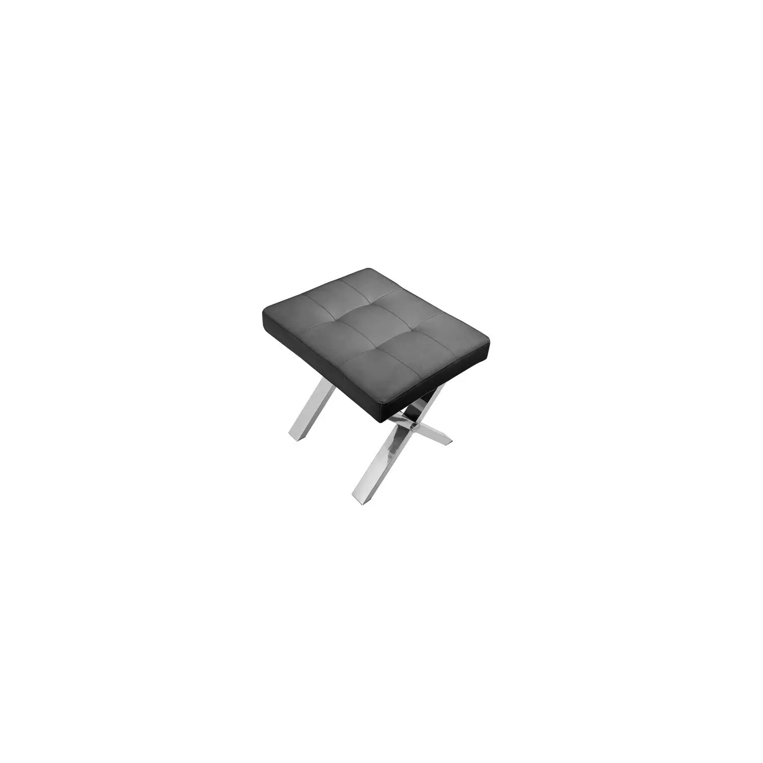 20 Inch Accent Stool Ottoman Black Faux Leather Tufted Seat Chrome X Legs 16 x 20 x 18 Inch, Customized