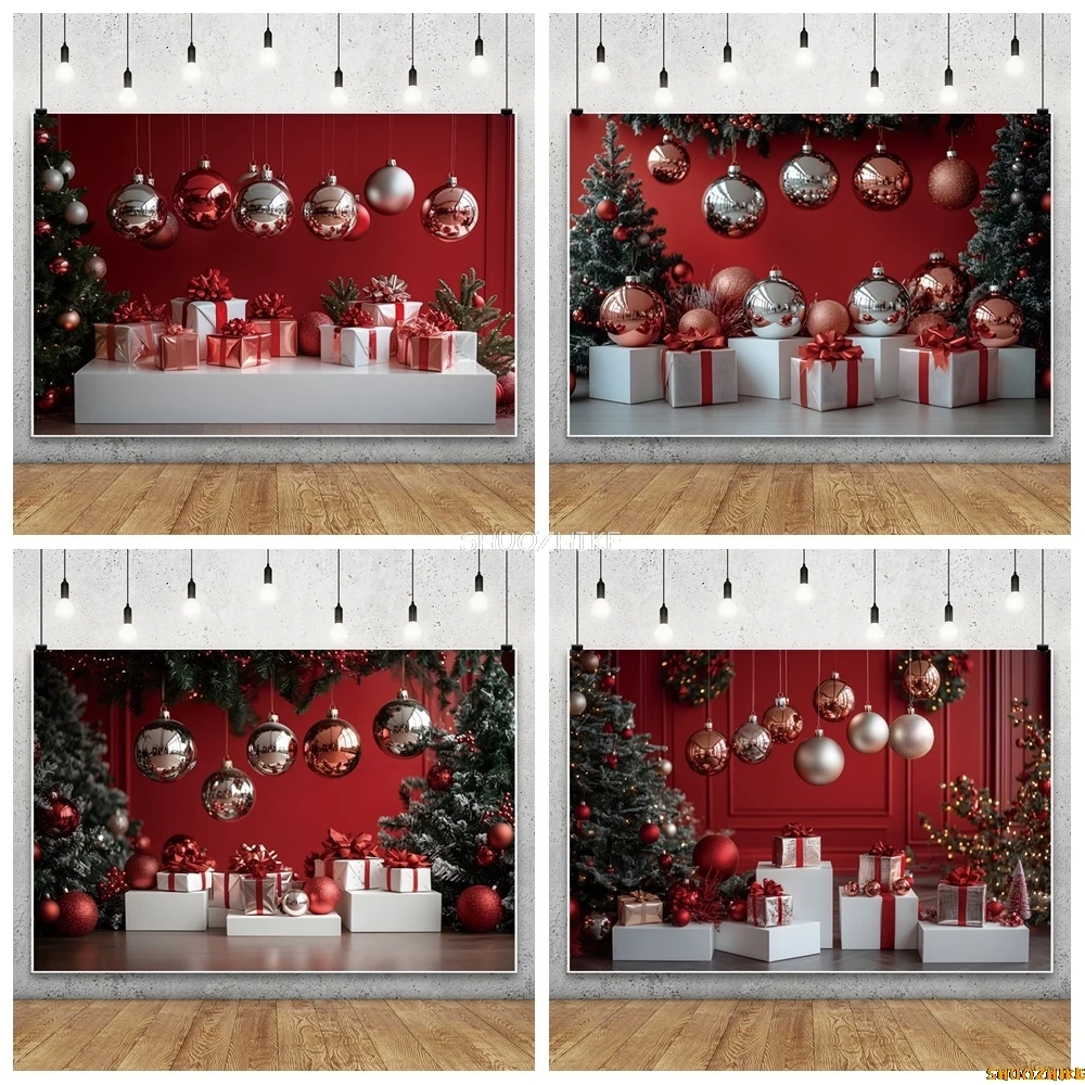 

Christmas Silver Light Balls Red Wall Background Gift Xmas Tree Party Children Family Portrait Photography Backdrop Studio Props