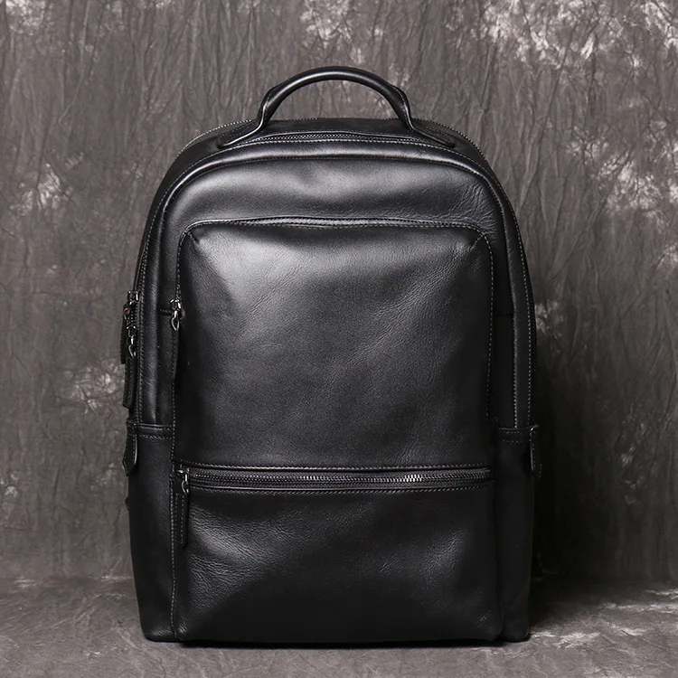 Men's retro black fashion simple fashion casual multi-functional laptop portable leather backpack