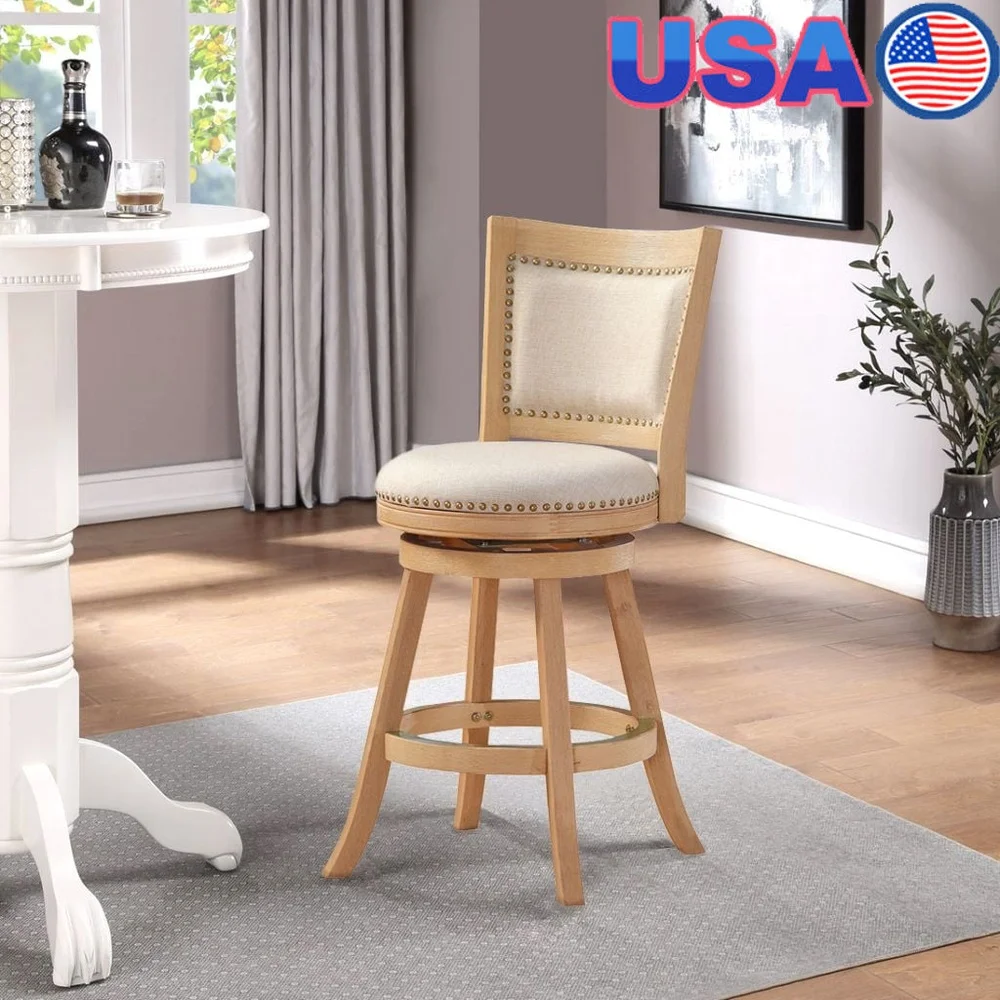 

Counter Height Swivel Wood Kitchen Bar Stool with Soft Linen Upholstery and Brass Nail Heads Dining Room and Bar