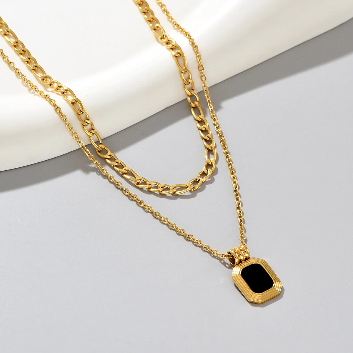 

L153 Stainless steel jewelry fashion end temperament Roman black square double necklace