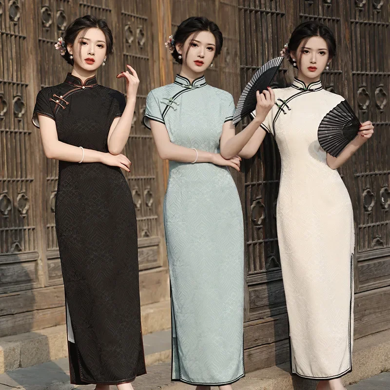 

2024 Spring/Summer Long Double layered Dragon Pattern Jacquard Qipao Retro Improved Qipao Long Skirt Cheongsam Dress