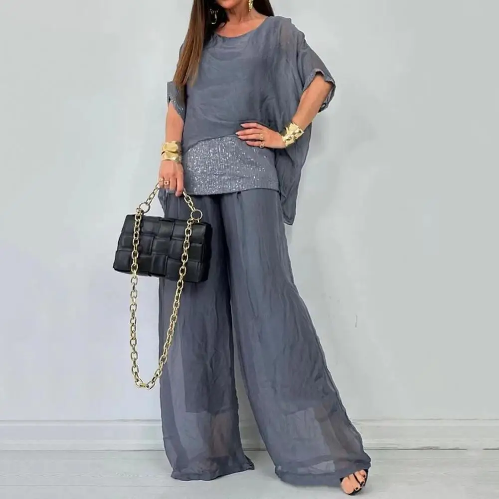 Sequined Colorblock Elegant Two-piece Set Loose Women Casual Round Neck Bat Sleeves Sequined Blouse Wide Leg Pants Matching Sets