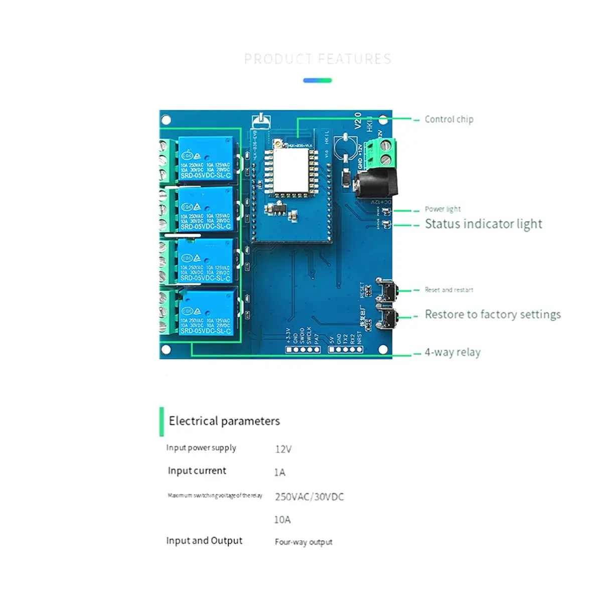 SW04-W Four-Channel Remote Network Control WiFi Relay Mobile Phone Switch Module 250VAC 10A US Plug