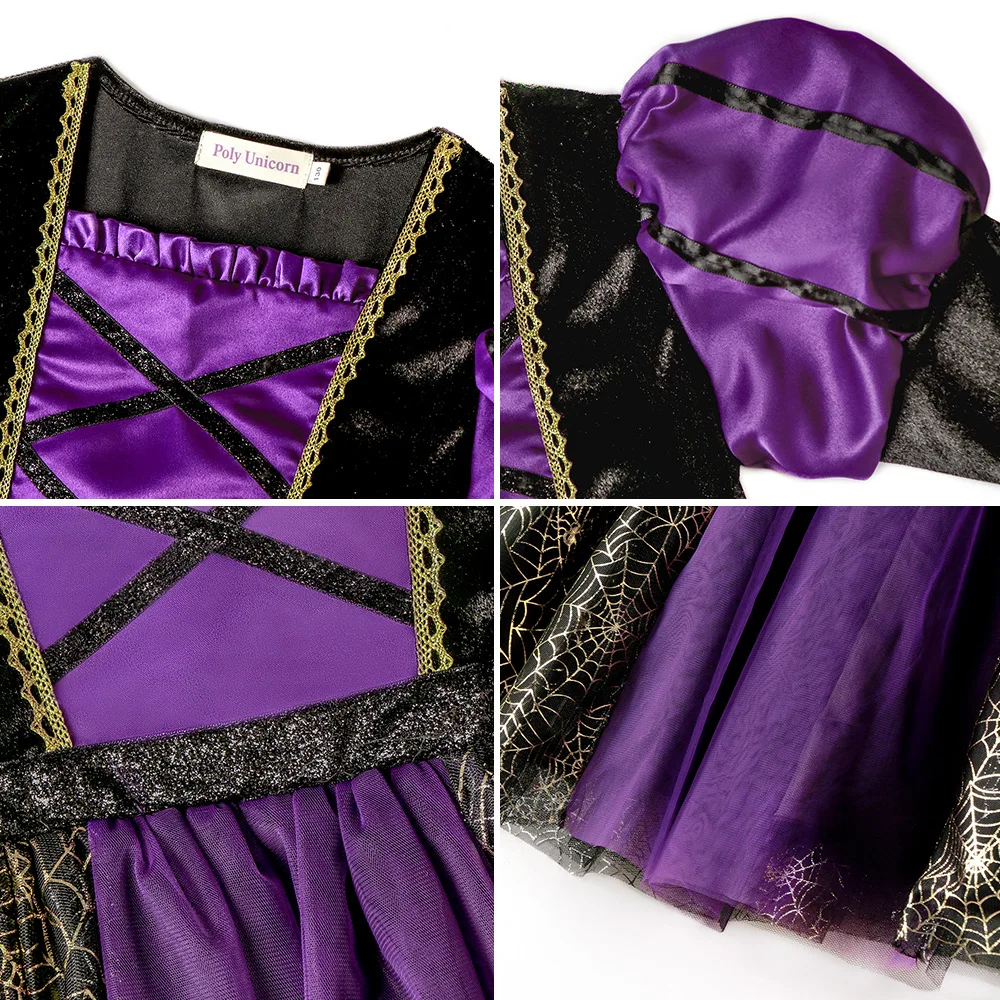 2025 Halloween Natale Festa Festiva Ragazze Cosplay Strega Classico Viola Stampa Abito a maniche lunghe Evil Horror Set Regalo di compleanno