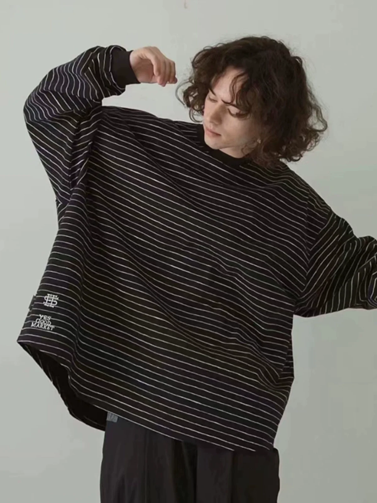 YGM SEE SEE co-branded YGM Japanese city boy style embroidered striped loose cotton long-sleeved T-shirt trend