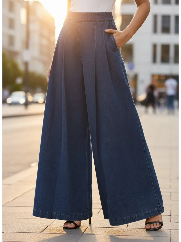 Freeacy المرأة عالية الخصر مطوي بنطال ذو قصة أرجل واسعة 2025 أنيق فضفاض صالح ألف خط الجينز بنطلون الخريف ملابس الشارع الشهير قيعان