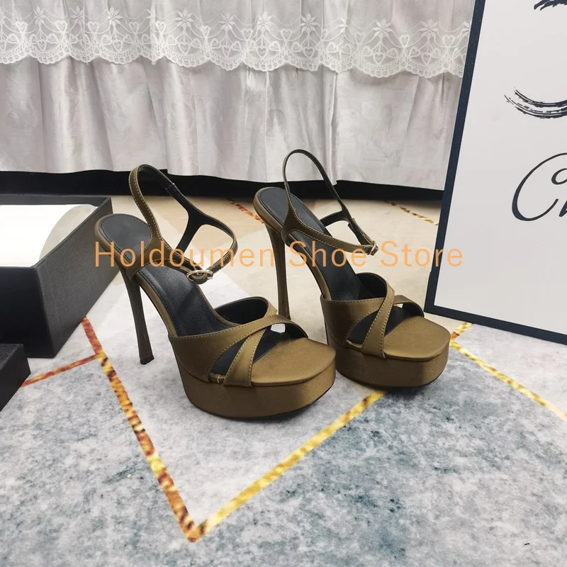 Luxurious Silk Square Toe Cross Straps Women's Platform Sandal Adjustable Ankle Strap Buckle Stiletto Sandal Elegant Dress Shoes