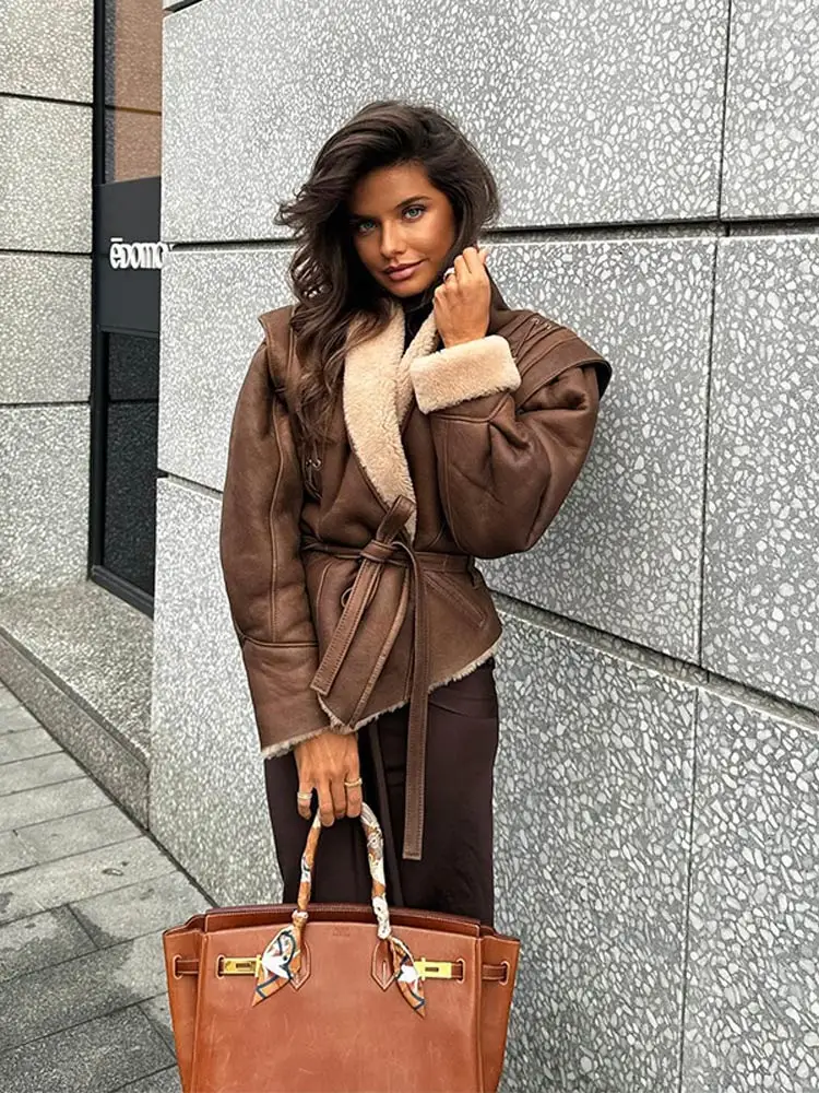 Fashion Brown Lace Up Plush Patchwork Jacket Chic Lapel Long Sleeve Slim Coat With Belt 2024 Winter Female High Street Outwear