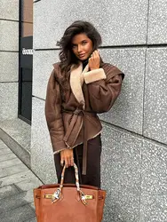 Fashion Brown Lace Up Plush Patchwork Jacket Chic Lapel Long Sleeve Slim Coat With Belt 2024 Winter Female High Street Outwear