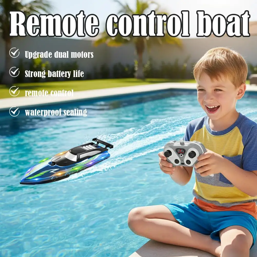 Barco RC de alta velocidad para niños y adultos, barco de carreras de doble Motor con luces LED, barco de Control remoto impermeable, juguete, regalo de cumpleaños
