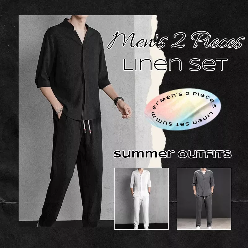 Men's 2 Pieces Linen Set Summer Outfits Ice Silk Linen Two Piece Suit Summer Thin Short Sleeve T Shirt Plus Size Trousers