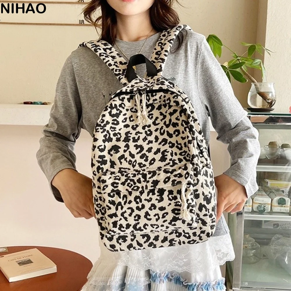 Corduroy Leopard Print Backpack Lightweight Harajuku Students School Bag Ulzzang Korean Style Students Daypack Women