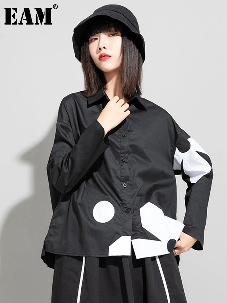 

[EAM] Women Black Flower Pattern Big Size Blouse New Lapel Long Sleeve Loose Fit Shirt Fashion Tide Spring Autumn 2023 1DE6302