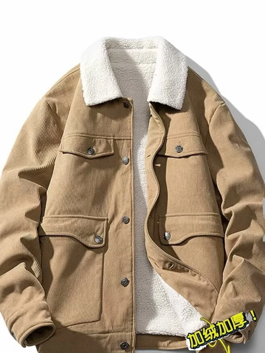 

Lamb Velvet Jaet Men's Winter Thiened Korean Sle Slim Fit Corduroy Workwear Jaet with kets Stand Fit Long Sve