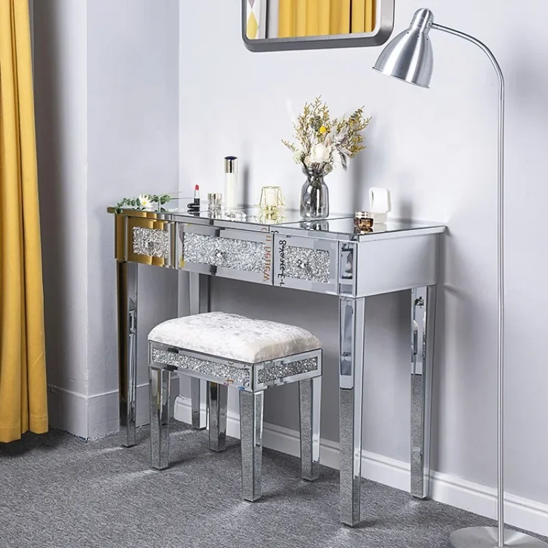 Bedroom Furniture Silver Mirrored Desk Vanity Makeup Dressing Table Set with Stool and Drawers