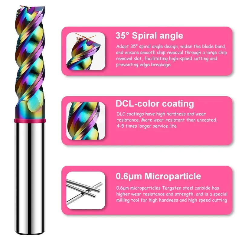 AZZKOR 3-Flute Colorful Coating Tungsten Steel Carbide Aluminum Flat Bottom Endmills CNC Machining Milling Cutter TGP-HRC60