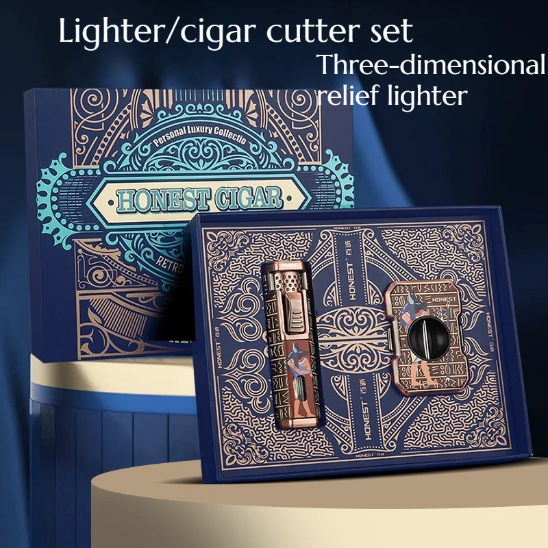 

The Set of Solid Relief Pattern Lighte Cigar Cutter Extendable Portable Made of All Metal Has Refined and High-end Appearance