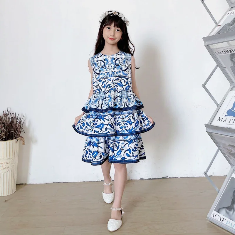 2023 Girls Dress Print Camisole Ruffles Summer Bohemian Princess Dresses Toddler Kids Girl Casual Clothes Birthday Party Gift