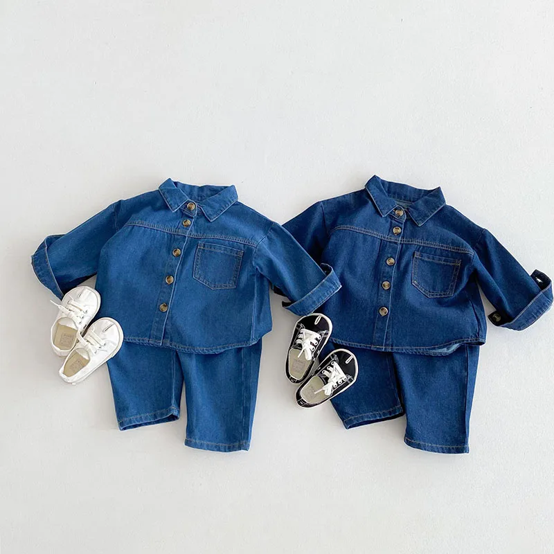 MILANCEL New Autumn Kids Cowboy Suit 1-6T Solid Color Pocket Girls Denim Jacket +Jeans Loose Thin Korean Children Outfit 2PCS