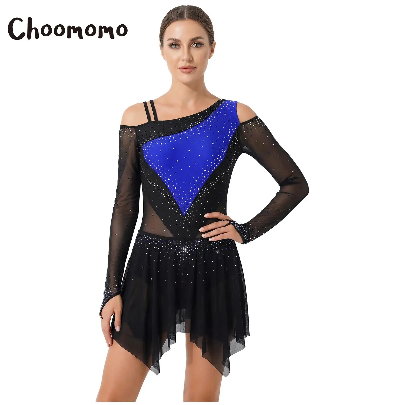 Damski strój gimnastyczny z dżetami, asymetryczny dekolt, długi rękaw, warstwowa siateczka, body do gimnastyki, kombinezon do łyżwiarstwa figurowego