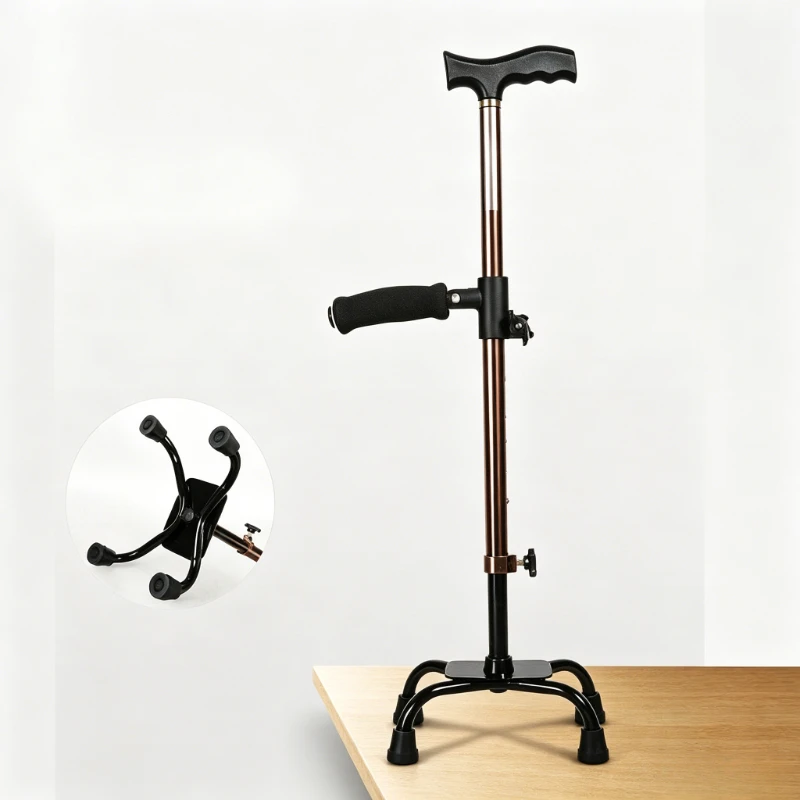 Aviation Grade Aluminum Alloy Adjustable Height Crutch Stable Anti Slip Four Legged Standing Aid Hand Crutch for Disabled