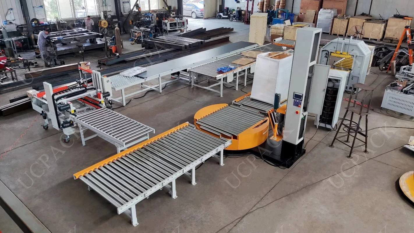 Fully Automatic Pallet Stretch Film Shrink Wrapping Wrapper Machine With Conveyor
