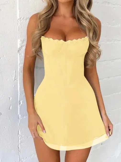 

2025 Summer Women's Sexy Low Cut Round Neck Applique Waist Cinching A-Line Dress Elegant Temperament Vest Waist Cinching Skirt
