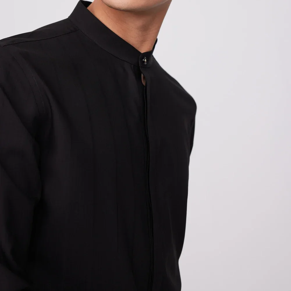 Modern Men's Minimalist Mandarin Collar Work Shirts Micro Stretch Dress Long Sleeve Without Pocket Front Concealed Button