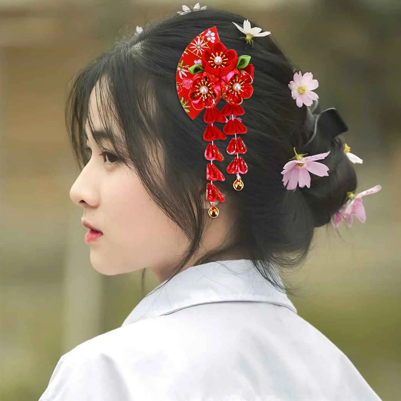 Bangs Hair Clip Tassel Bell Accessory Decor Japanese Style Headdress Decorate Fan Shape Red Classical Child