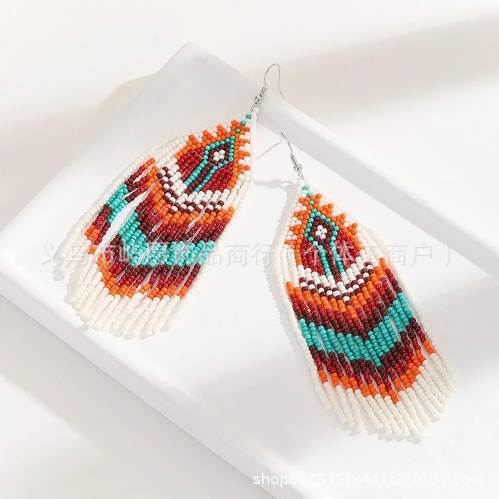 Beaded earrings Tassel Geometry Design Versatile Female Gradient color Hand knitting Bohemia Alloy Trend Rice bead earrings