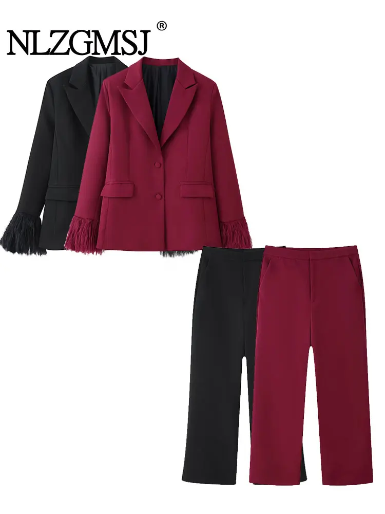 NLZGMSJ Women Loose Blazer Set 2025 Autumn Long Sleeve Feathers Cuff Office Lady Suit Jacket Female Casual Party 2-piece Set Y2K