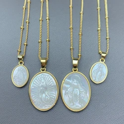 Religious Oval Medal Virgin Mary Guadalupe Necklace Women Mother of Pearl Shell Pendant Chokers Jewelry For Female Gifts