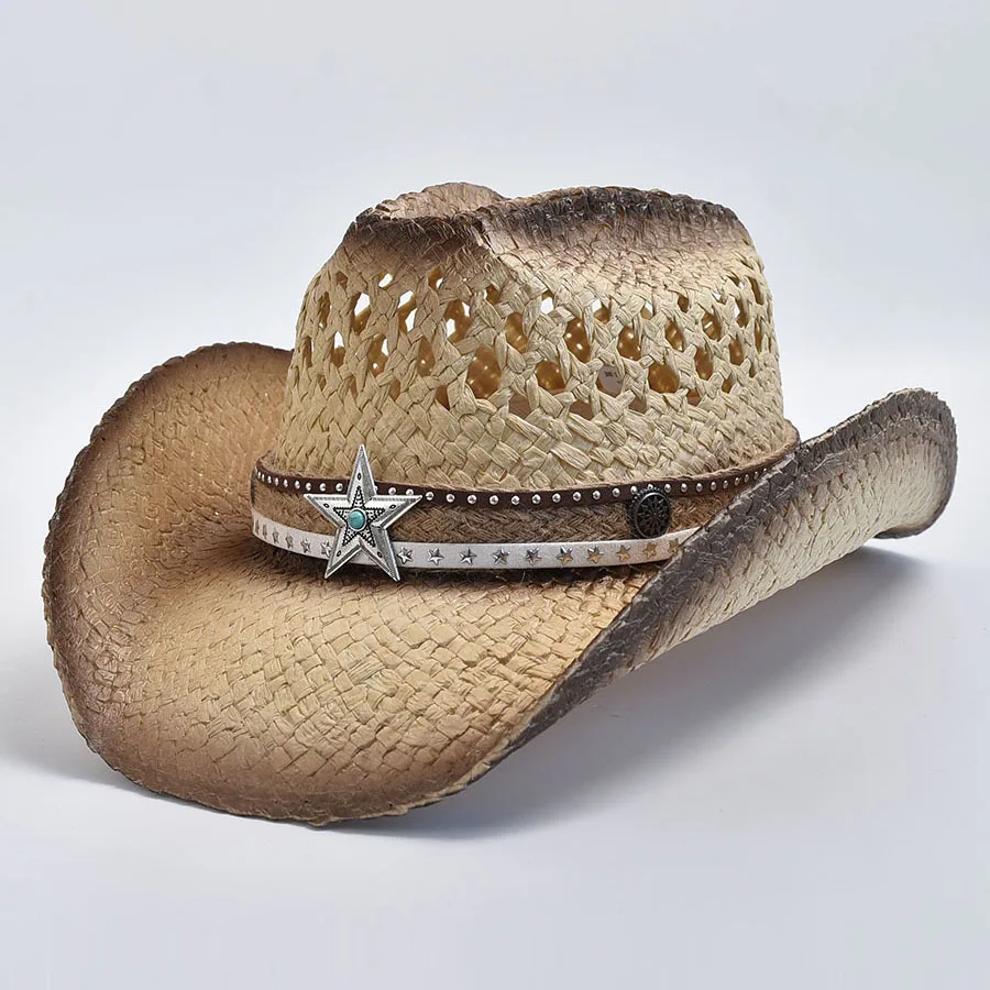 

Hand-woven Natural Straw Western Cowboy Hat for Women Men Summer Outdoor Breathable Beach Sun Hats