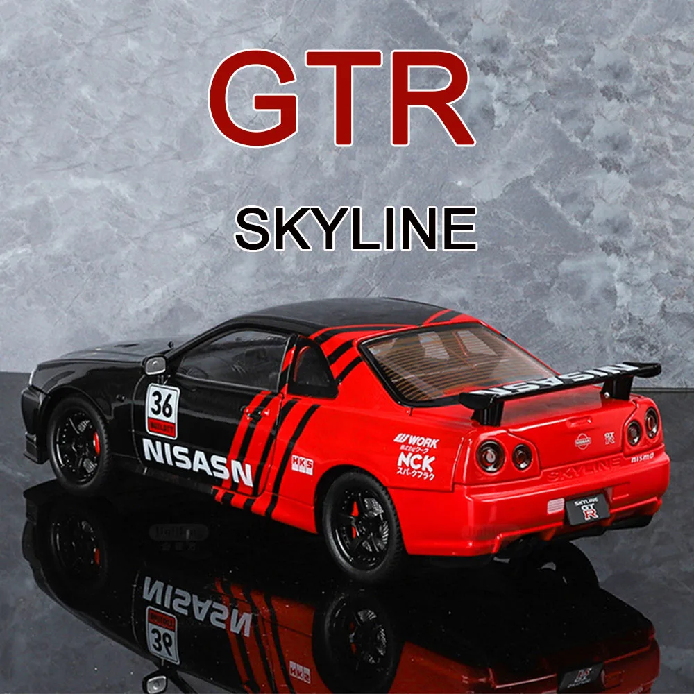 

Масштаб 1:24, миниатюрные игрушечные автомобили Nissan GTR SKYLINE из сплава, модели со встроенным звуком, 4 двери, открытые спортивные автомобили, детские подарки