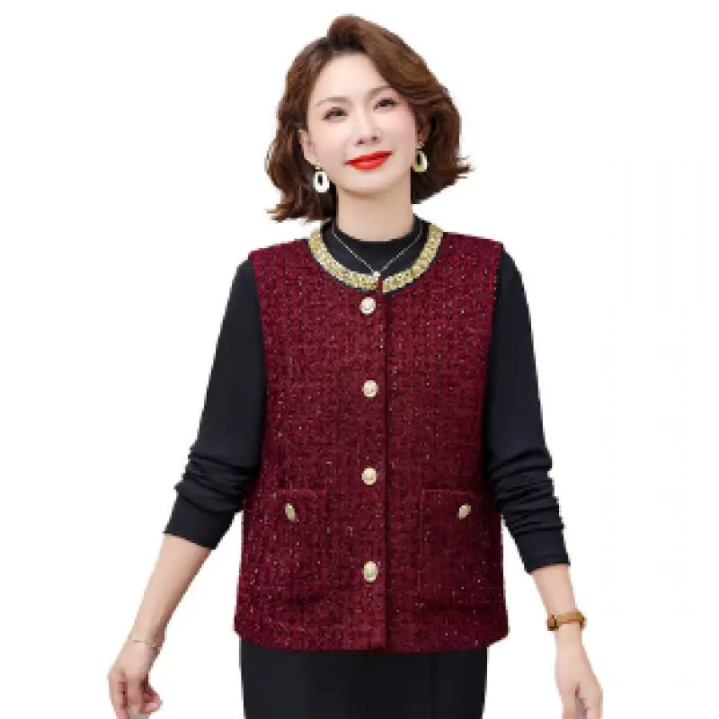 Small Fragrant Vest Coat Female 2026 Spring Autumn New Middle-Aged Mother Sleeveless Jacket Women Loose Casual Waistcoat Outcoat