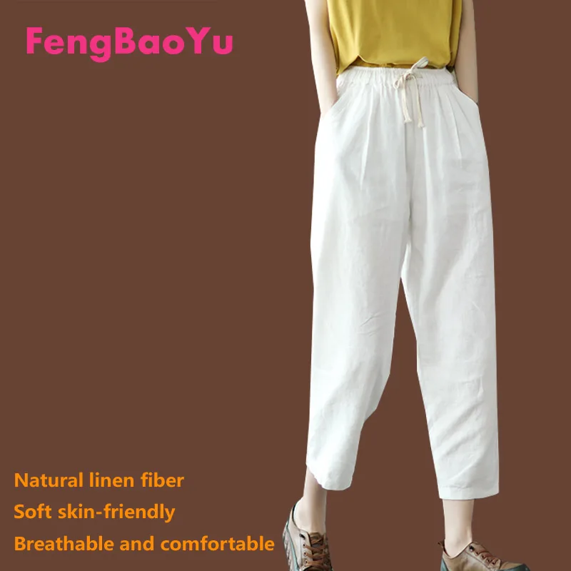 

Fengbaoyu Flax Nine-cent Trousers Women's Clothes in Spring Summer Thin Loose Linen Trousers White Casual Harlan Pants 4XL 5XL