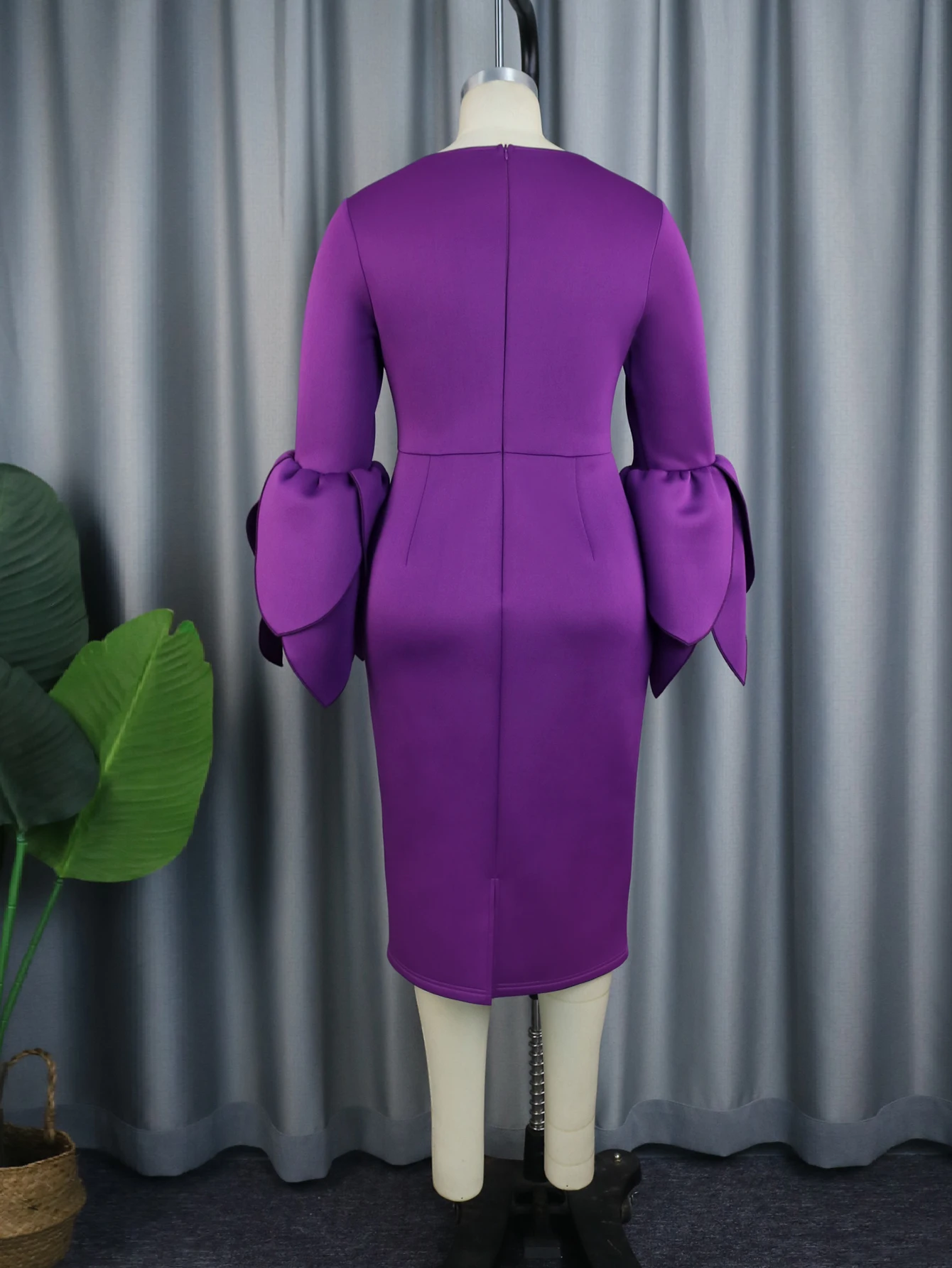 Robe mi-longue violette pour femme, grande taille, col rond, manches longues à volants, élégante, occasion formelle, anniversaire, mariage, invité, soirée, quoi que ce soit