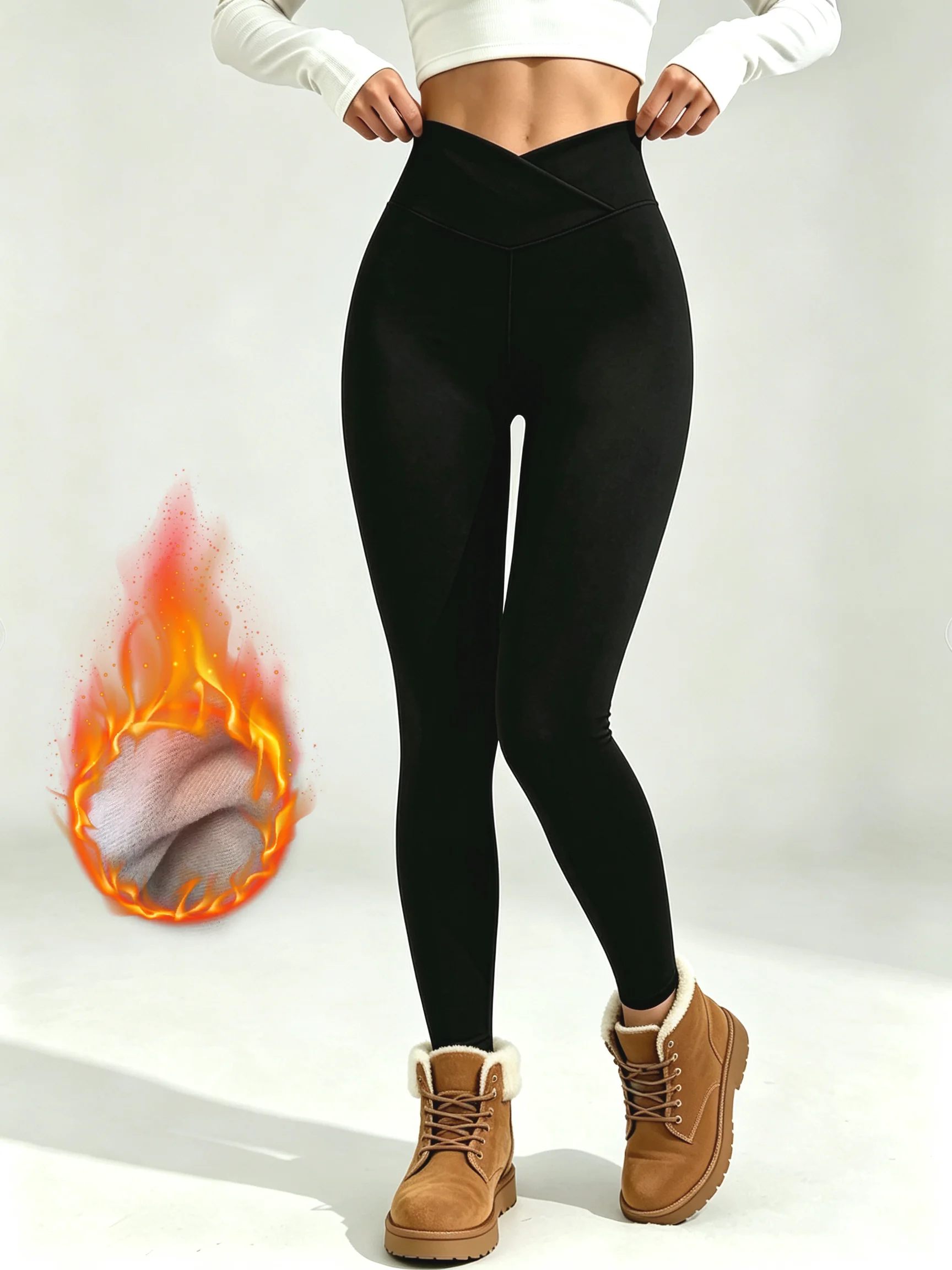 Women Crossover High Waist Fleece Lined Leggings Winter Warm Thick Yoga Pants Stretch Tummy Control Workout Athletic Pants