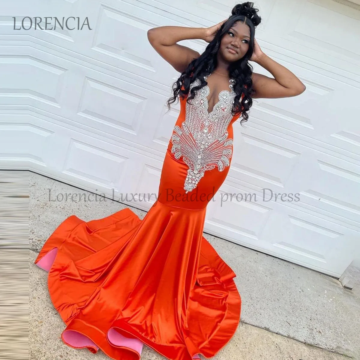 

Glitter 2024 Orange Mermaid Prom Dresses For Black Girls Birthday Dress Beaded Sleeveless Evening Gown Formal vestidos de gala