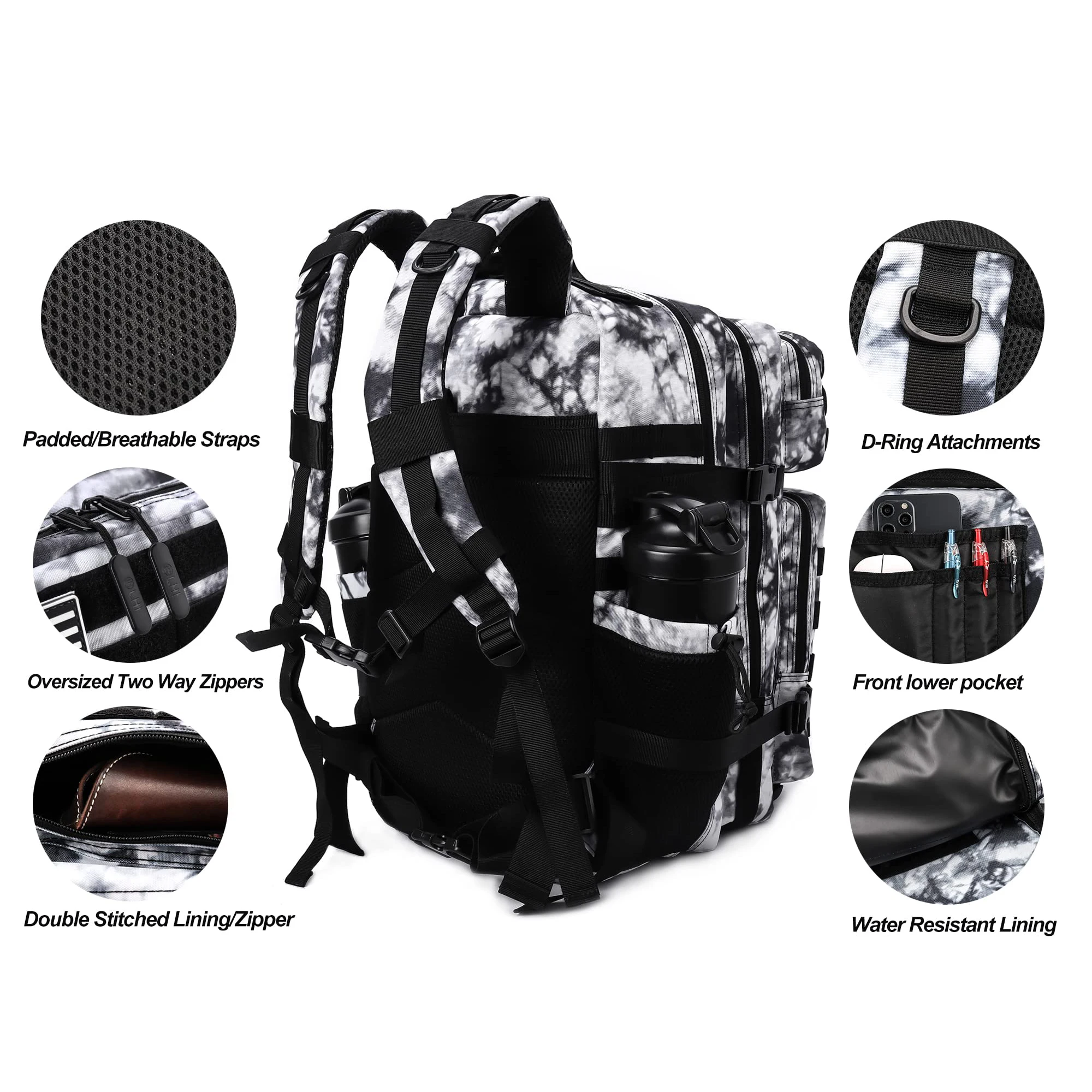 LHI 45L Tactical Backpack for Men and Women Large Athlete Gym Bag Outdoor Sports Hiking Survival Rucksack with Bottle Holder