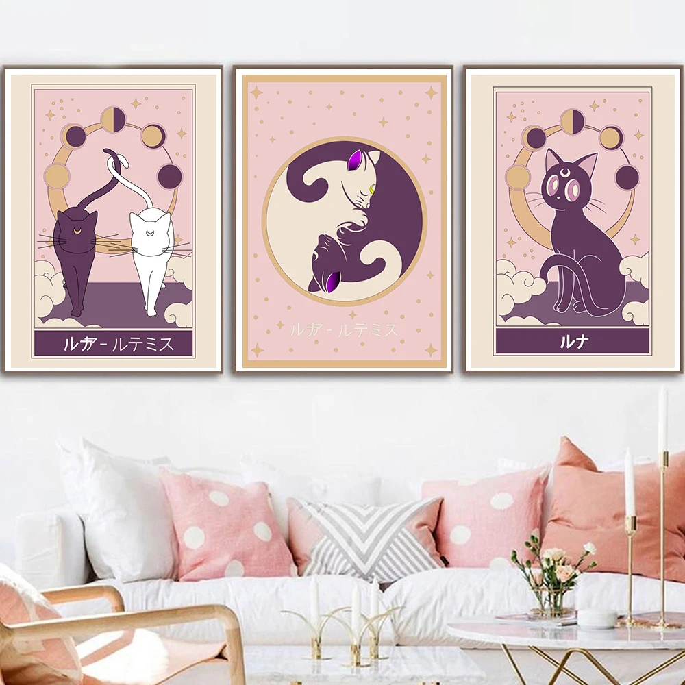 Lover Luna Artemis Poster And Print Retro Cat Wall Art SILK Painting Nordic Kids Bedroom Home Decor Funny Picture Decorative