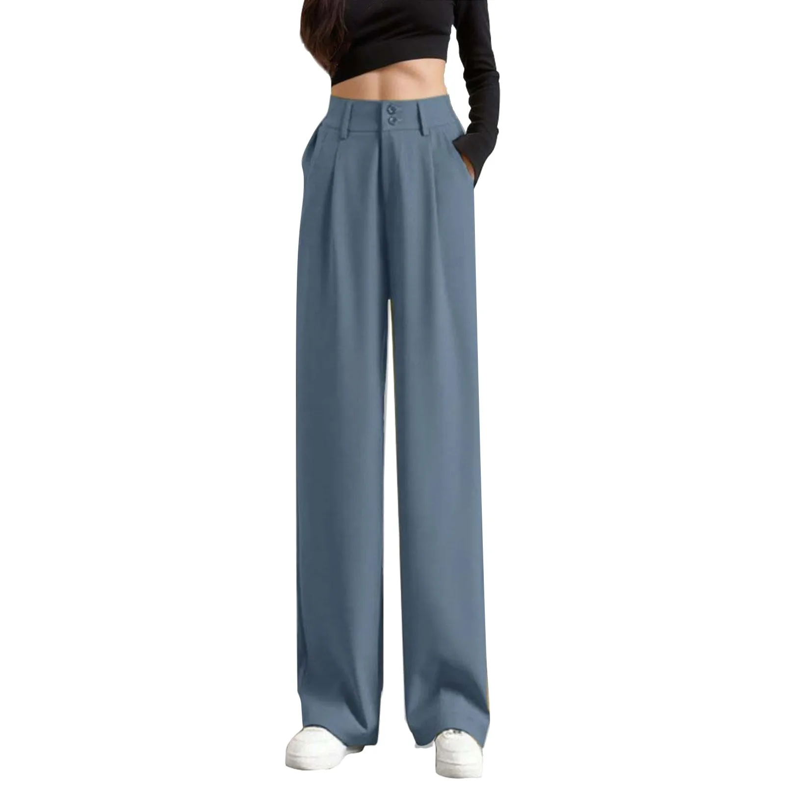 Calça feminina cintura alta perna larga reta retrô, calça elegante de terno, roupa de escritório, negócio, cor sólida, solta