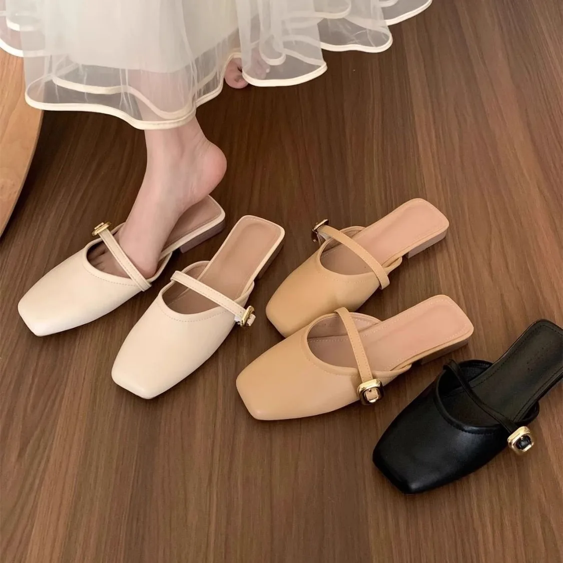 Summer New Flat Slippers For Women Baotou Half Dragged Sandals Lazy One Step Shoes