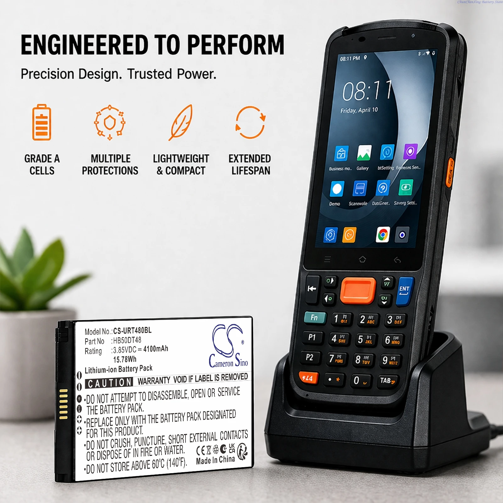 Cameron Sino 3.85V 4100mAh Replacement Barcode Scanner Battery HB50DT48 for Urovo CT48