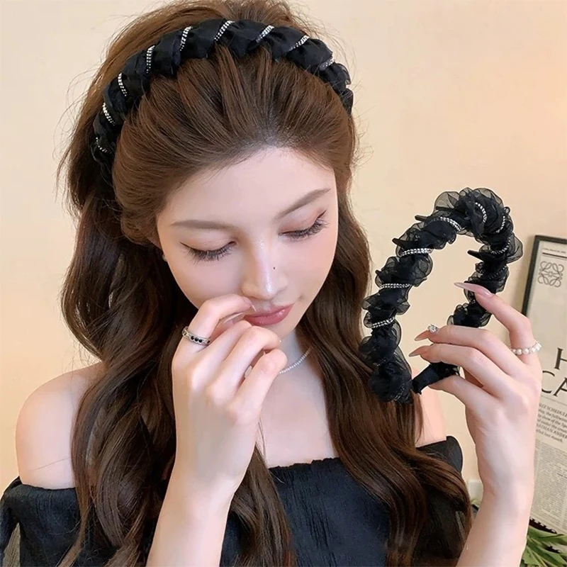 Schwarzes Strass-Netz-Stirnband für Frauen Retro Flauschiges Alltags-Haarband Modisches Mädchen-Haarreif Haaraccessoires