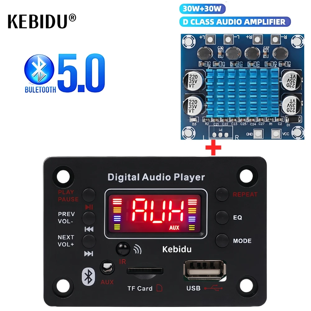 60W Amplifier Bluetooth DC 12V MP3 Decoder Board Wireless Car MP3 Player USB Handsfree Recording TF FM Radio Power Off Memory