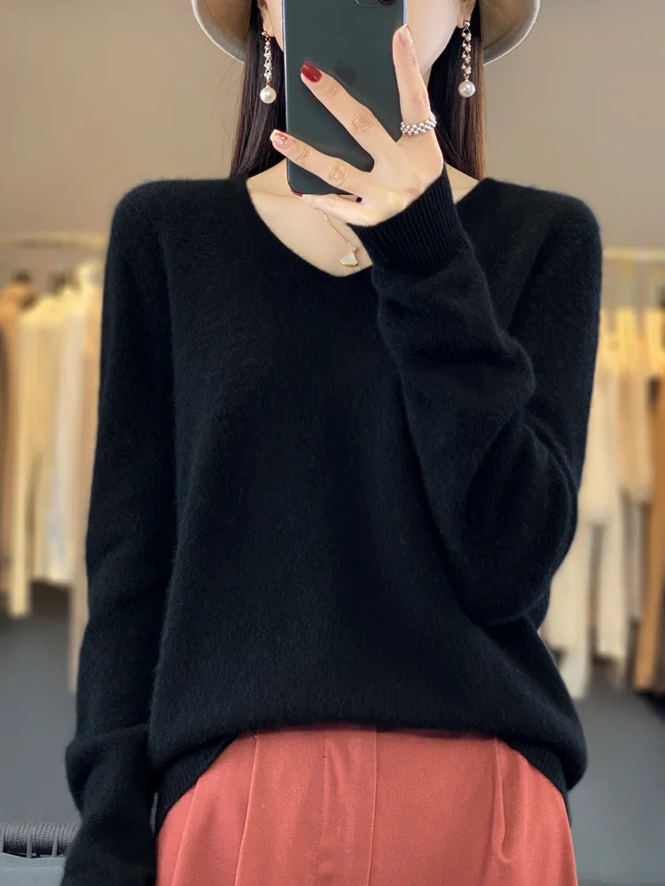 Women 100% Merino Wool Pullove Spring Autumn Cashmere Sweater Women\'s V-neck Clothing Fashion Versatile Solid Color Long Sleeve